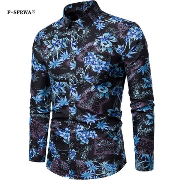 

f-sfrwa 2019 spring and summer new men's casual shirt men's digital printing gradient long-sleeved slim casual shirt, White;black