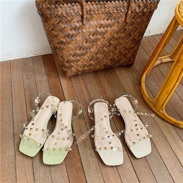 

deat 2020 new summer shallow hollow out one-button thick-heeled sandals fashion low-heeled rivet women shoes se528, Black