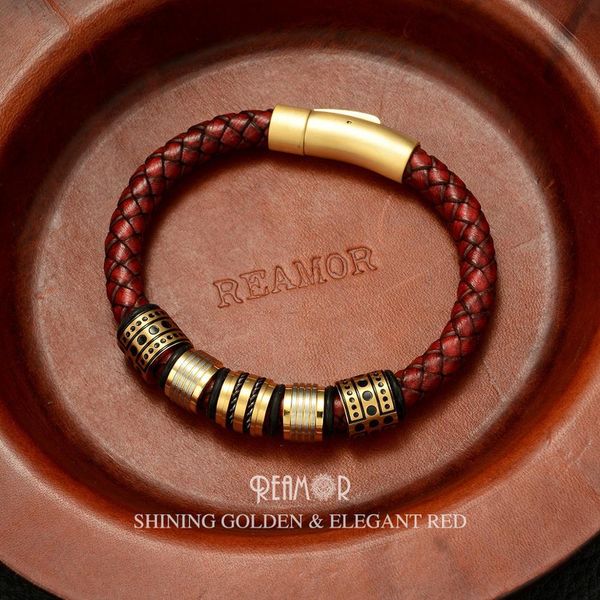 

reamor 8mm red braided full-grain leather men's bracelet stainless steel shining golden beads charm bracelets bangle jewelry, Golden;silver