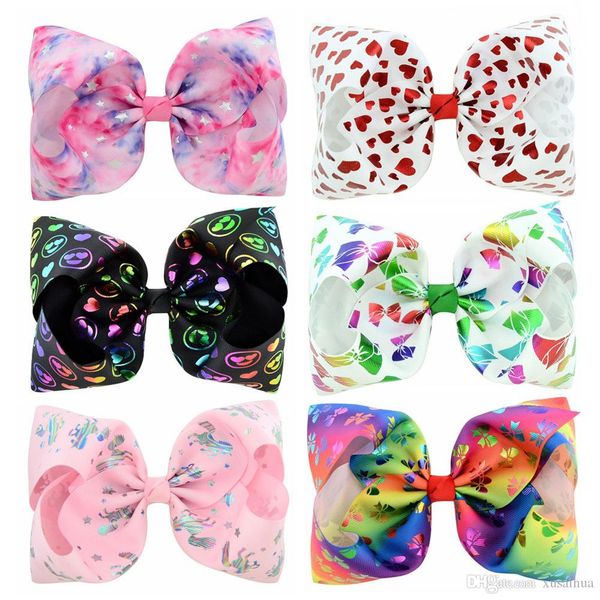 

6 designs jojo bow style 8 inch colorful big bowknot girl hair clip star heart printed barrette beautiful accessories, Slivery;white