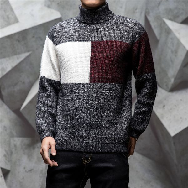 

autumn winter male sweaters hit color patchwork man's sweater turtleneck black blue red -3xl long sleeve pullover, White;black