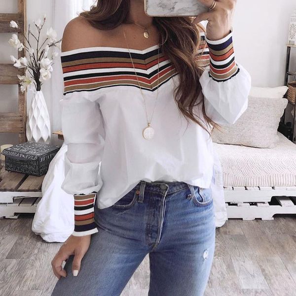 

2020summer new women fashion long sleeve off shoulder slash neck white blouses shirts casual slim shirts blusas0302, White;red