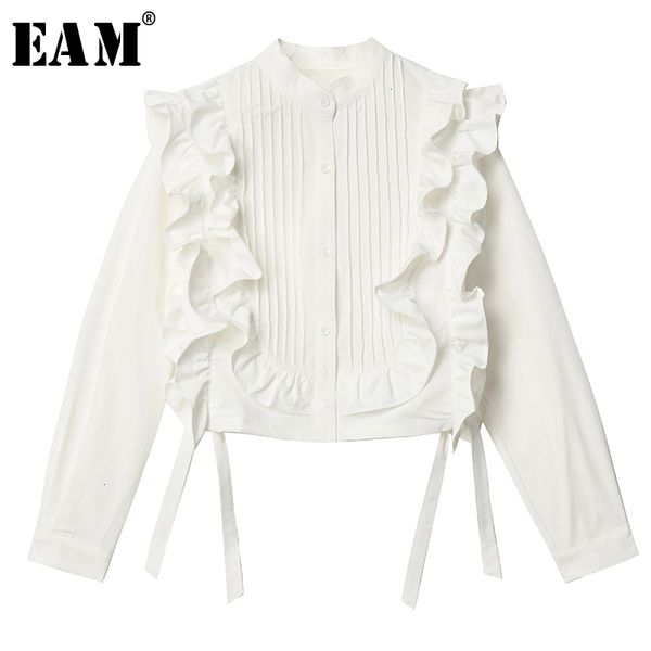 

eam] women white ruffles ribbon blouse new stand collar long sleeve loose fit shirt fashion tide spring autumn 2019 1k546
