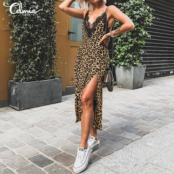 

bohemian dress celmia women spaghetti straps v-neck lace leopard print summer sundress sleeveless beach split midi vestidos, Black;gray