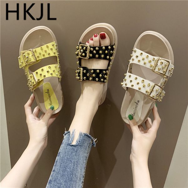 

hkjl 2019 women's summer wicker tacks with buckles cork slippers candy-colored solid colored beach shoes flat flip-flops a681, Black
