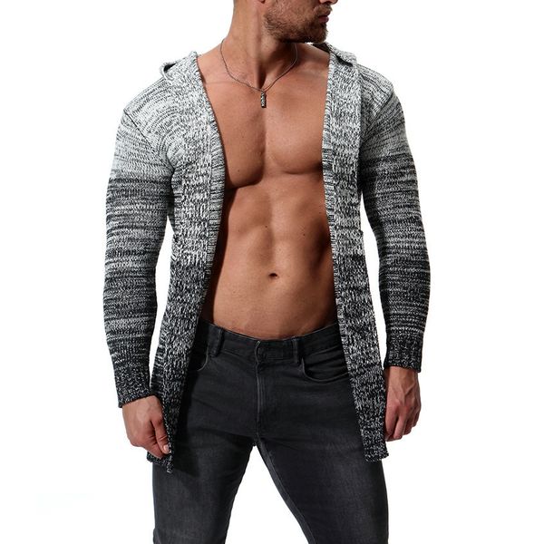 

2019 hooded men cardigan sweater gradient color knitted sweater men streetwear hip hop long style coat sueter hombre, White;black
