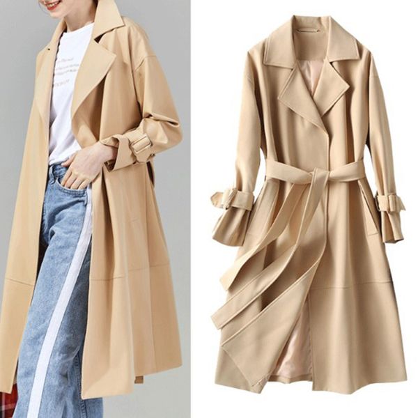 

female trench coat 2020 spring and autumn ladies windbreaker over the knee long solid color windbreaker coat women's, Tan;black