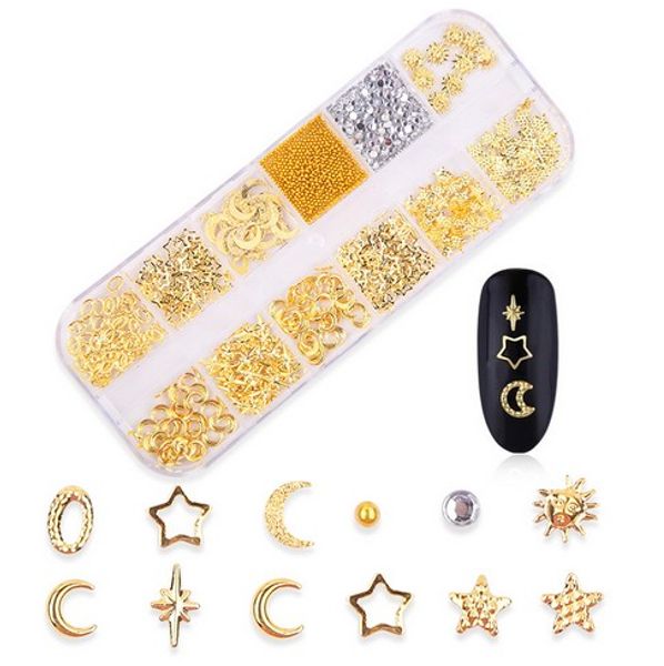 

metal nail studs, 3d punk stripe heart nest mordern hollow out star moon floral & plants rivet gems punk nail art jewels diy decoration, Silver;gold
