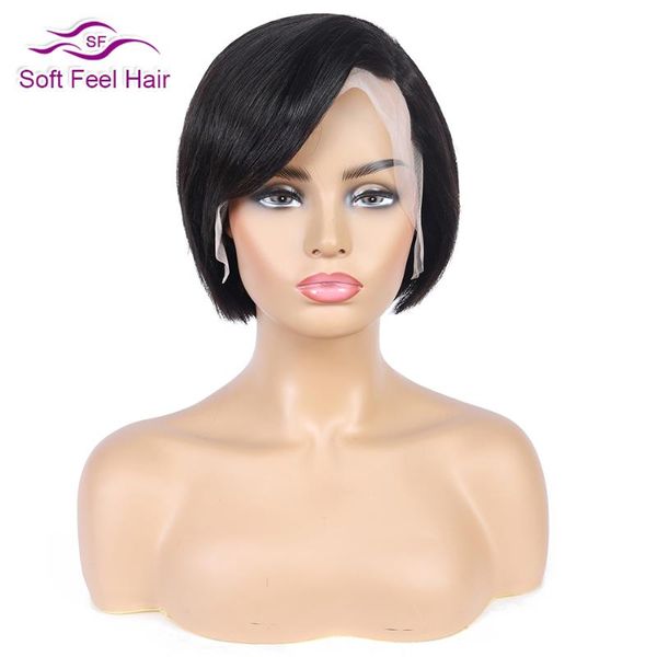 

lace wigs soft feel hair bob front 13x4 human for black women remy brazilian straight short wig 150 density, Black;brown