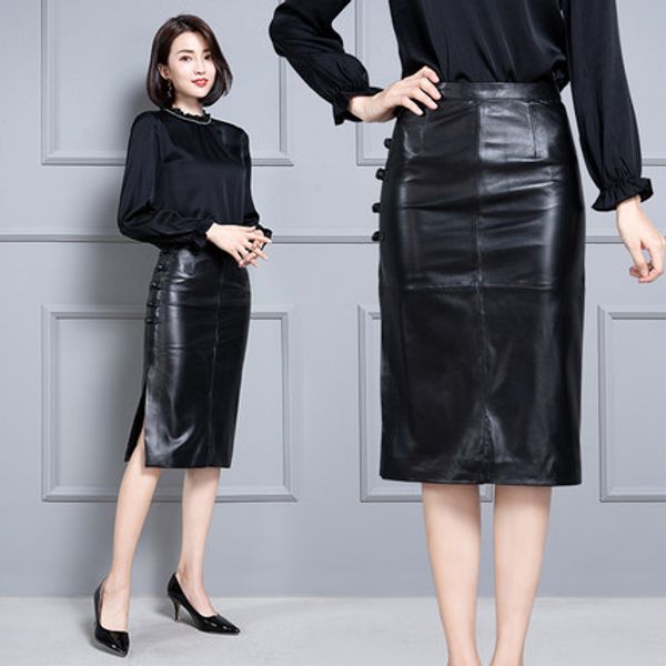 

2019 new fashion genuine sheep real leather skirt k37, Black