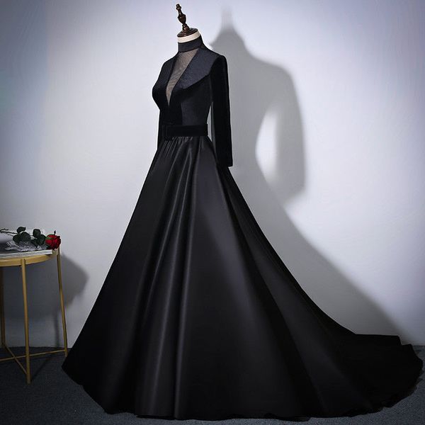 

transparent real image 2019 high neck formal party gown long sleeve gothic wedding dress a line pageant banquet satin selling fashion, White