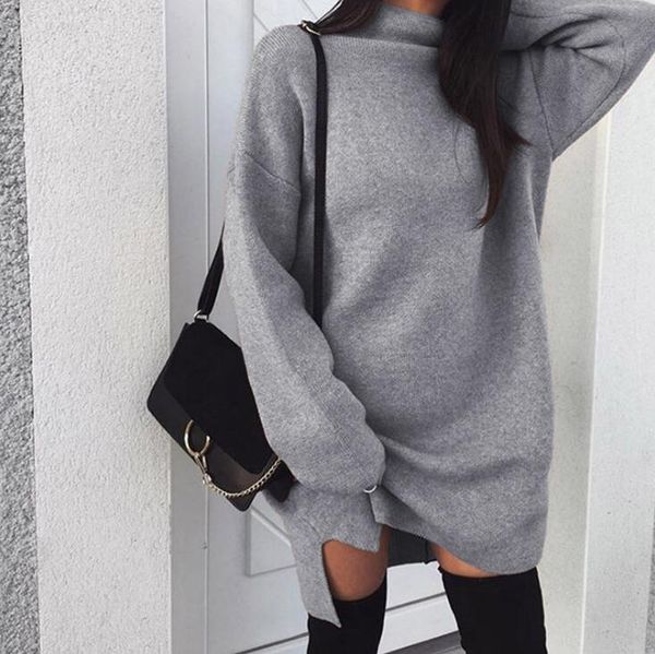 

women autumn and winter style high neck sweater dress solid colored loose long knitting slit dress turtlenecks for lady, Black;gray