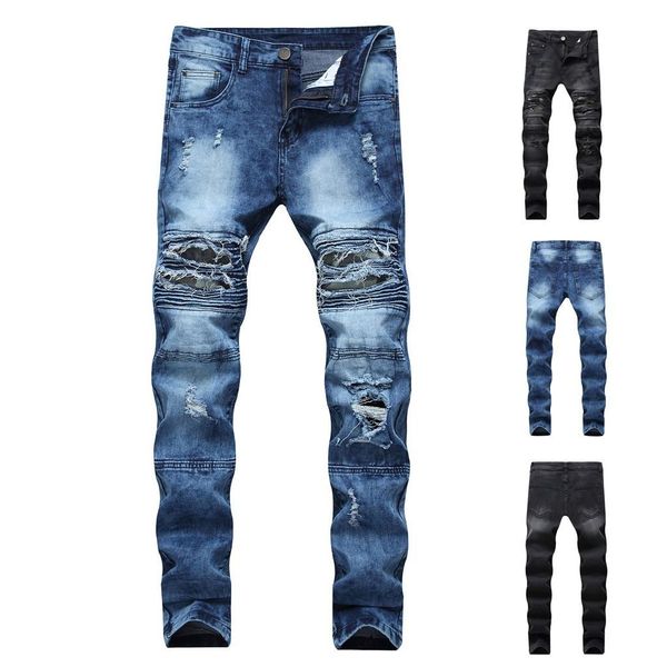 

2019 mens elastic waist casual pants high waist jeans casual blue denim pants style fashion summer trousers