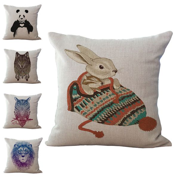 

animal owl lion wolf rabbit pillow case linen cotton throw cushion cover home soft bed pillowcase cover christmas gift 240437