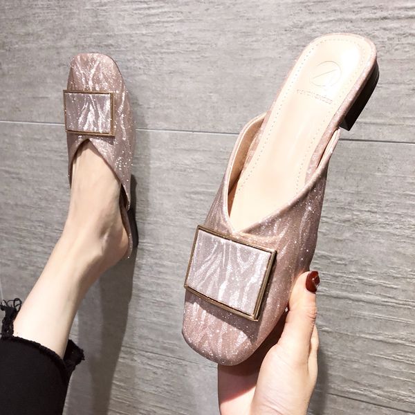

rivet slippers women summer loafers cover toe shoes woman 2020 low pantofle luxury slides square new flat designer basic pu, Black