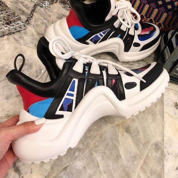 

shoes rare sneakers women color gold silver lace up paris fashion archlight trainers genuine leather ugly dad sneaker d09, Black