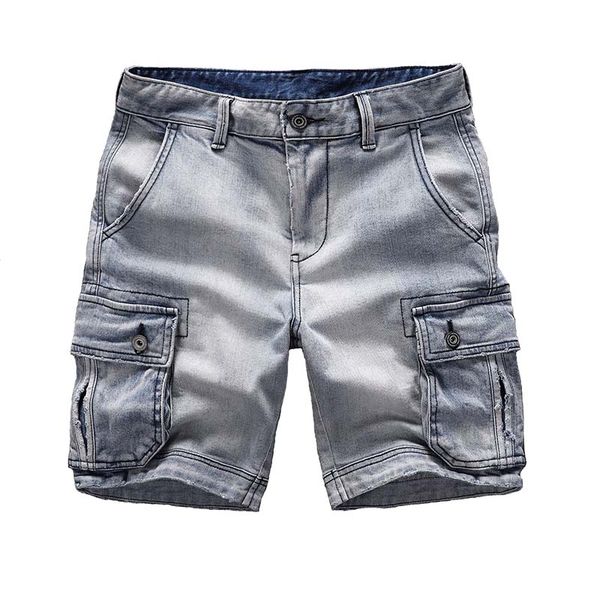 

kiovno summer men cargo casual denim shorts straight washed jeans shorts male multi pockets, Blue