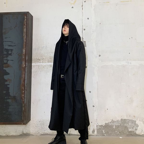 

men japan streetwear hooded trench coat male women punk gothic cloak cardigan jacket outerwear halloween stage clothing, Tan;black