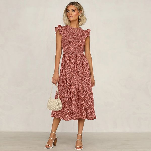 

ruffles women fashion dresses lady summer mid length print dress, Black;gray