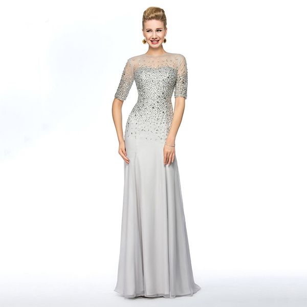 Dressv Graues, langes Kleid für die Brautmutter, mit Juwelenausschnitt, Mantel und halben Ärmeln, mit Perlen verziert, Chiffon, individuell gestaltet, für Hochzeit, Party, Mutterkleid291S