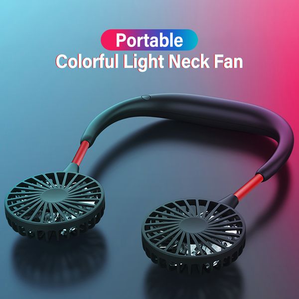 

mini portable neck fans hands-air conditioner ventilator air cooler usb rechargeable 3 speed adjustable colorful light fan