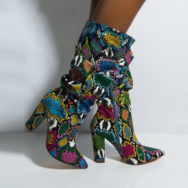 

Colorful Snake Skin Boots Women High Heel Thick Boot snakeskin Pointed Toe Zip Shoes Female Knee Boots Pleated Winter, Brown