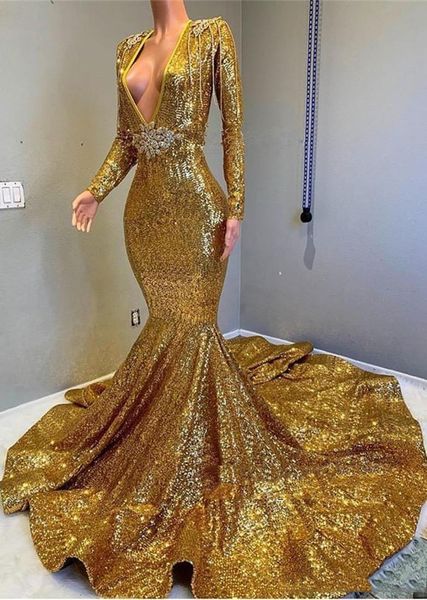 

new deep v neck gold mermaid prom dresses long sleeve open back sequined formal evening gowns sparkly sequin celebrity party dresses, Black