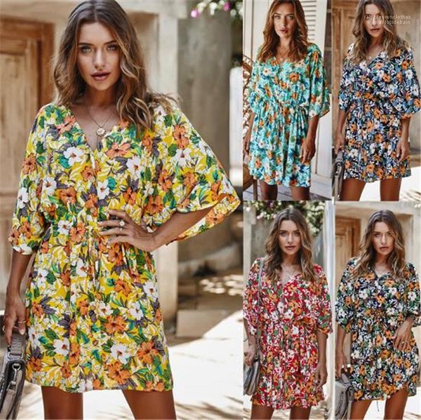 

v neck dresses new style womens dresses summer women designer dresses fashion slim floral printed, Black;gray