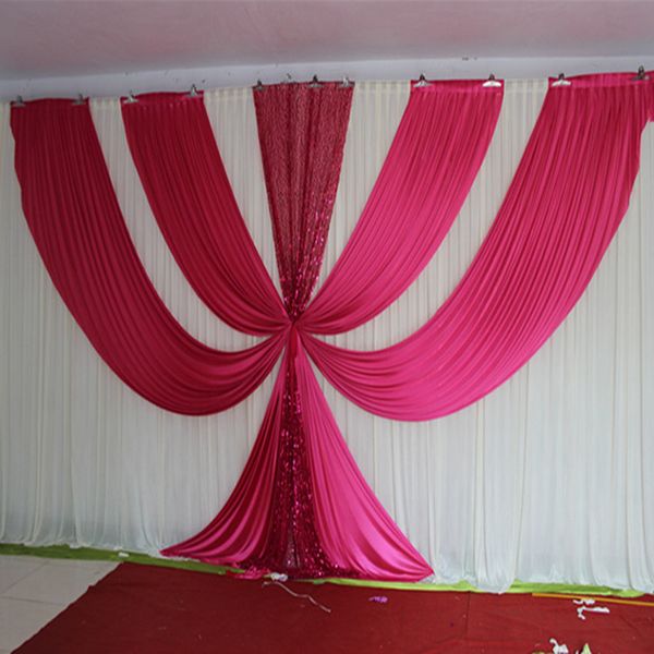 

2017 new design 3m*6m fusia ice silk sequin swags and drapes wedding backdrop pink stage background event party decoration