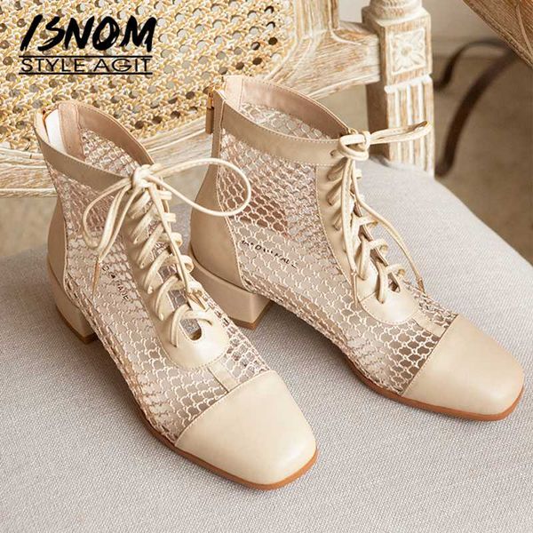 

isnom summer boots mesh women chunky high heels ankle booties woman cow leather female lace up shoes zip square toe shoes, Black