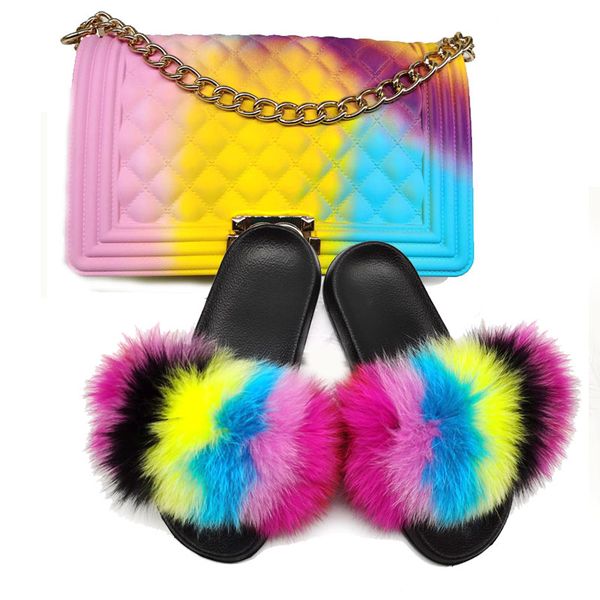 

fur slippers women cute candy color bag ladies furry slippers summer fluffy sandals women bag fur slides big size 36-45, Black