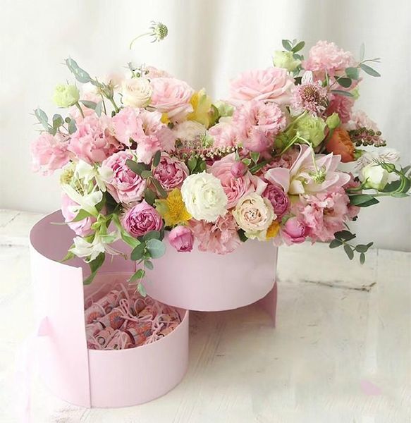 Acheter Double Couche Ronde Boîtes De Papier De Fleur Avec Ruban Rose Bouquet Emballage Cadeau Emballage Carton Boîte De Saint Valentin Décoration De