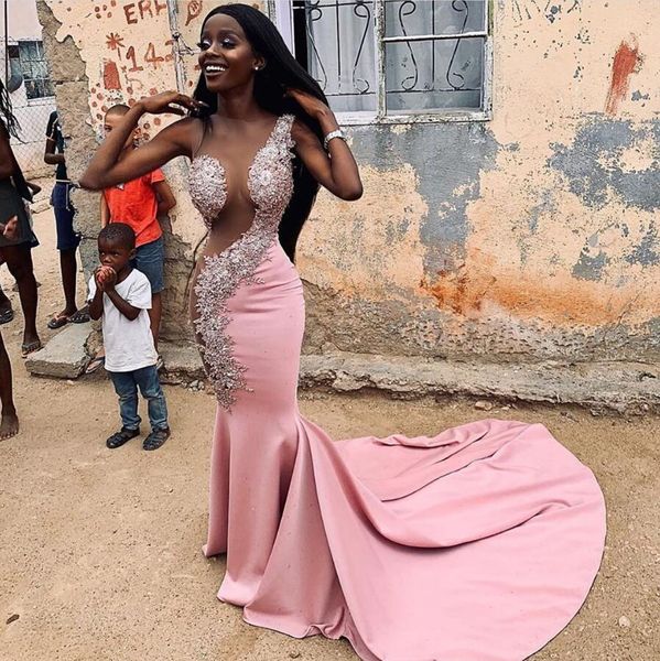 

новая мода бисером аппликации кружева розовый пром платья jewel шеи рукавов черный девушки иллюзия русалка вечернее вечернее платье, Black