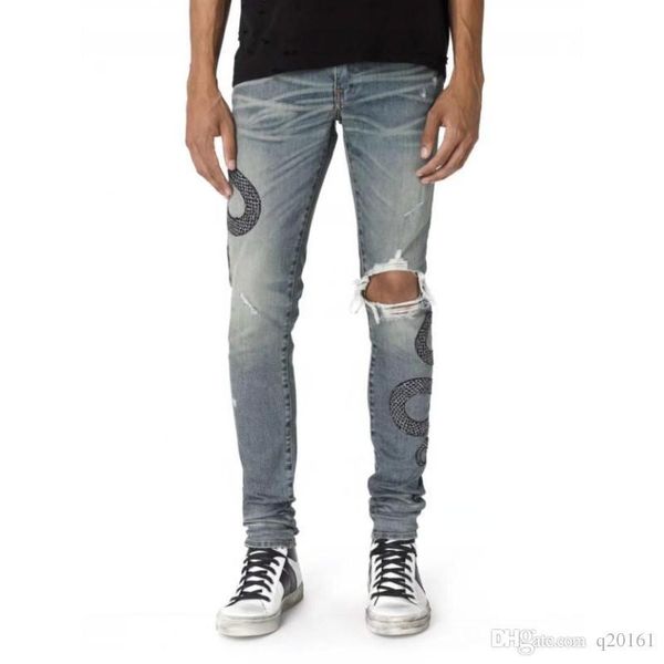 

2019 высокое качество мужские джинсы проблемные мотоцикл байкерские джинсы rock тощий тонкий рваные отверстия нашивки известная марка джинсо, Blue