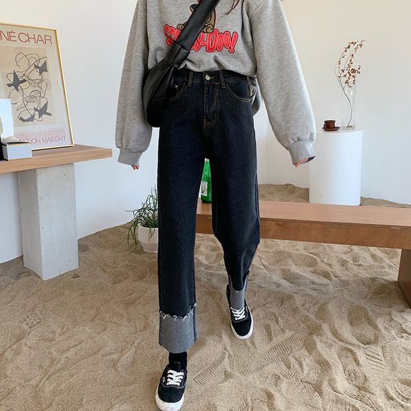 

high waisted jeans female autumn and winter 2019 new korean version of the nine points straight leg pants wide pants tide, Blue
