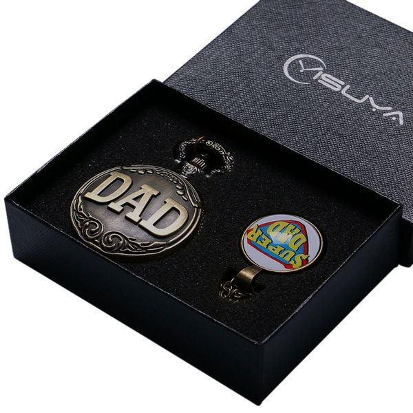 

antique bronze dad quartz pocket watch necklace pendant classical retro full fob chain father&#39s day gift set + watch b, Slivery;golden