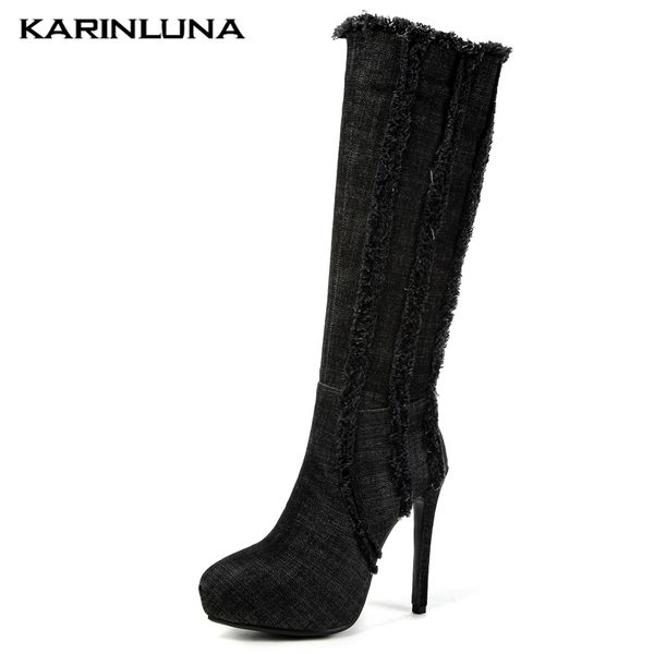 

karin thin high heels denim boots for women shoes winter platform knee high boots woman large size 43, Black