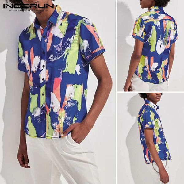 

incerun 2020 summer men печати рубашка с коротким рукавом мода человек вскользь воротник отложной high street гавайские рубашки пляж s-5xl, White;black