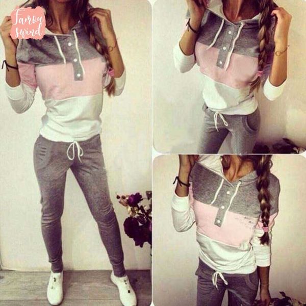 

long women two piece clothing set autumn tracksuit patchwork sweatshirt pant jogger outfit set female sweat suit, White