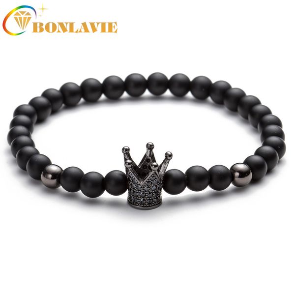 

natural stone bracelets micro inlay cubic zirconia crown men's bracelets stretch beads bracelet for women men, White