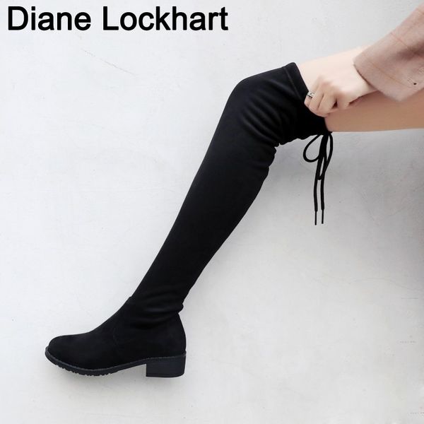 

women over the knee boots 2019 stretch faux suede thigh high boots flat heel botas mujer fashion fall winter big size shoe, Black