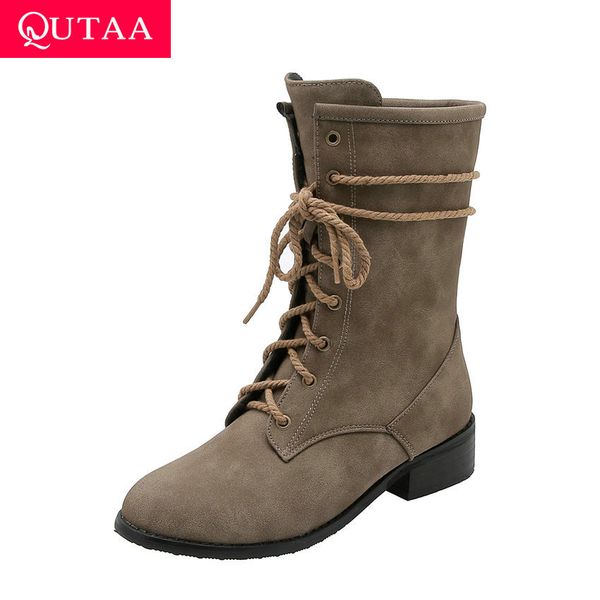 

qutaa 2020 lace up soft pu leather leisure women shoes round toe low heel autumn winter retro fashion mid calf boots size 34-43, Black