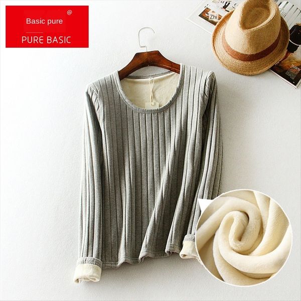 

season women's long t- sleeve plus velvet winter thickened base shirt warm double-layer warm t-shirt 2105, White