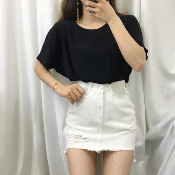

irregular hole female denim short skirts summer slim faldas mujer solid high waist saia skirts 2020 women a-line dv974, Black