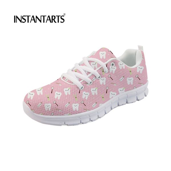 

instantarts casual lace up flats shoes cartoon dentist pattern women comfortable air mesh sneakers youth girl zapatilla mujer, Black