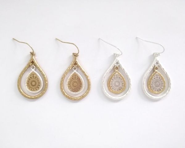 

fashion filigree teardrop dangle earrings gold silver two tone cut out lattice lace water drop fashion earrings for women boutique jewelry