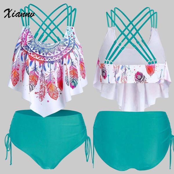 

bikinis set women 2021 feather print push-up padded overlay flounce crisscross tankini swimwear bandage printed gathered swimsuit