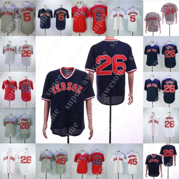 

26 Wade Boggs Red Sox Jersey 24 Manny Ramirez 5 Nomar Garciaparra 45 Pedro Martinez Boston Baseball Jerseys Navy White Grey Red