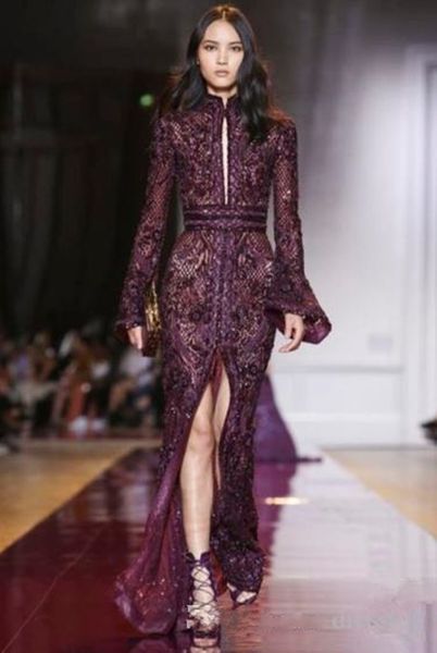 

2019 new mermaid prom dresses long sleeves front split formal dress evening gowns sequined lace floor length special occasion dress long, Black