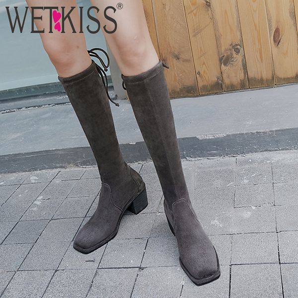 

wetkiss stretch boots women thick high heels boot square toe cross tied shoes female platform knee high shoes ladies winter 2019, Black